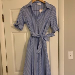 Calvin Klein midi blue and white pinstriped dress